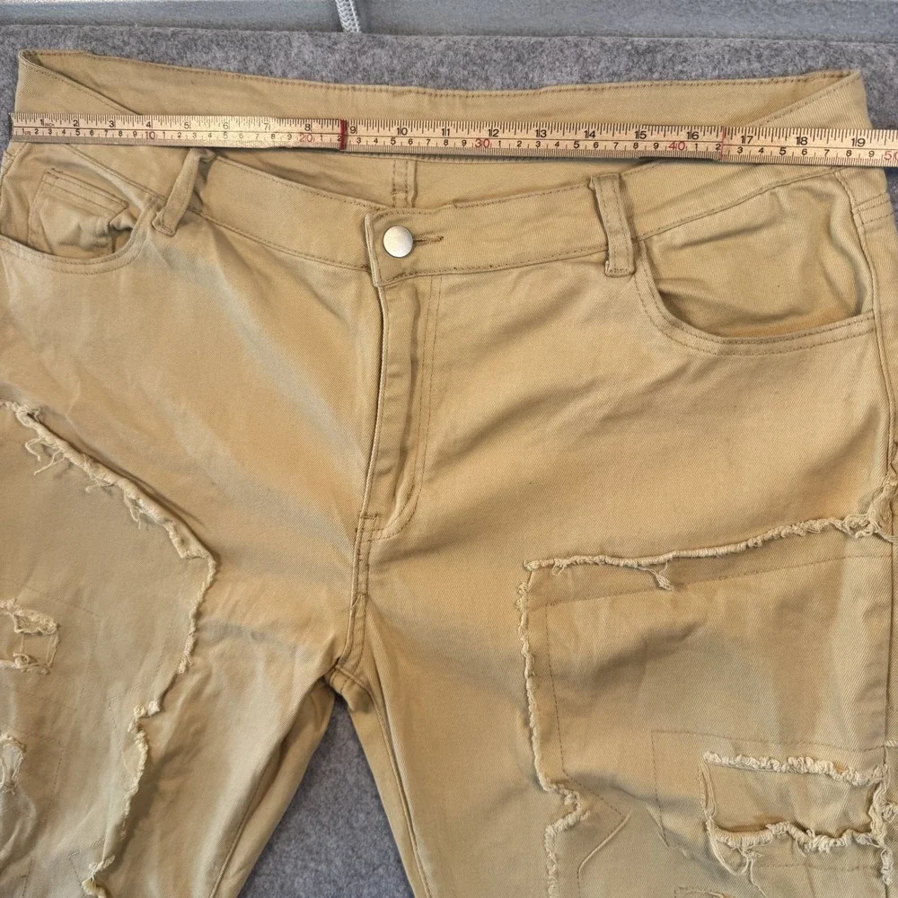 Unbranded Distressed Patchwork Pants 38 Khaki Frayed Streetwear Detail